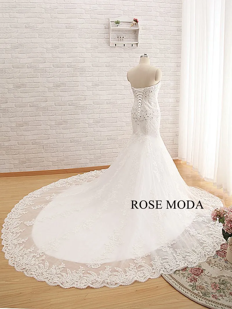 Rosemoda Luxury Chantilly Lace Mermaid Wedding Dress with Royal Train