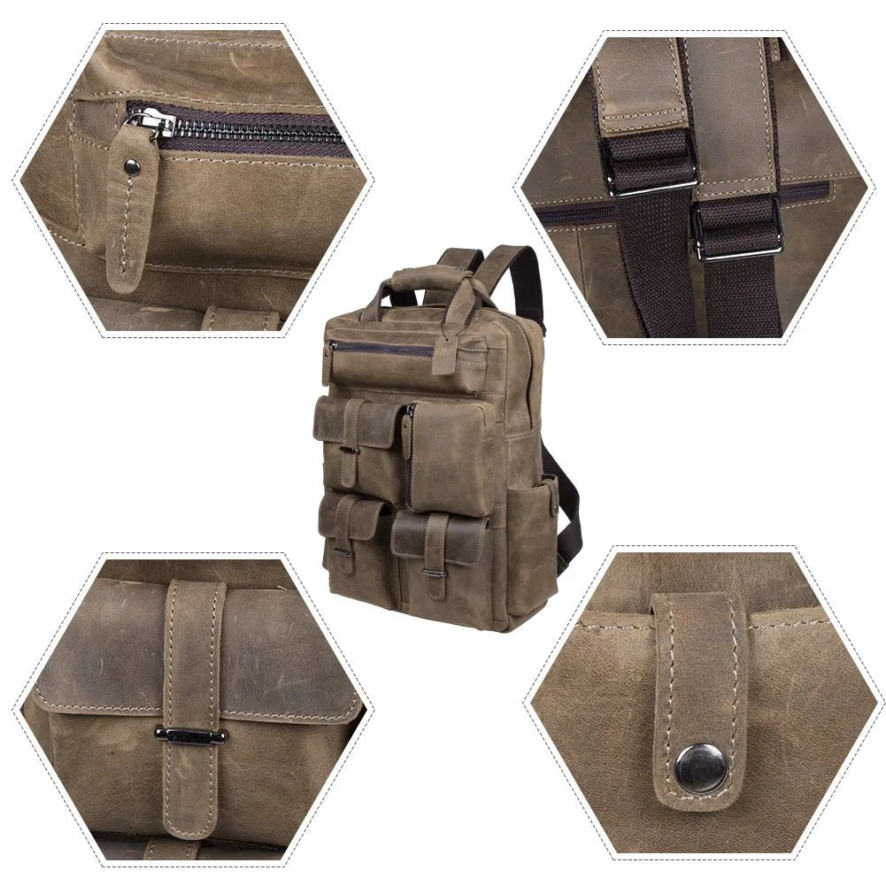 S-ZONE Vintage Crazy Horse Genuine Leather Backpack Multi Pockets Travel Bag