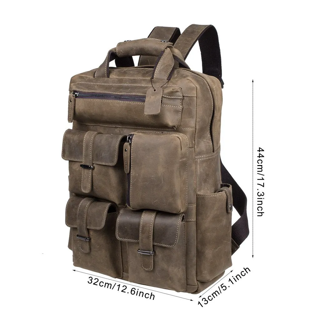 S-ZONE Vintage Crazy Horse Genuine Leather Backpack Multi Pockets Travel Bag