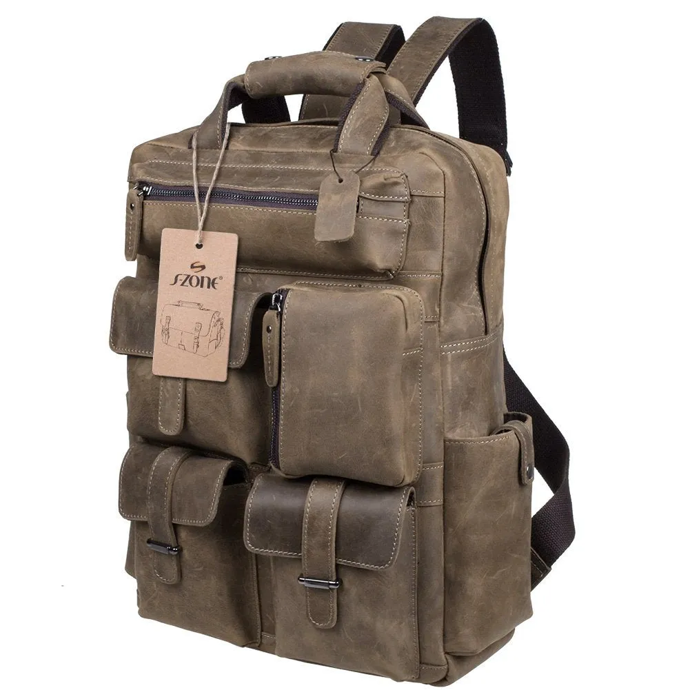 S-ZONE Vintage Crazy Horse Genuine Leather Backpack Multi Pockets Travel Bag