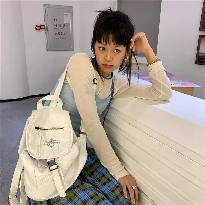 Sohiwoo White Y2k Womens Backpack Vintage Pu Leather Casual Large Capacity Aesthetic Backpacks Fashion Female Luxury Designer Bags
