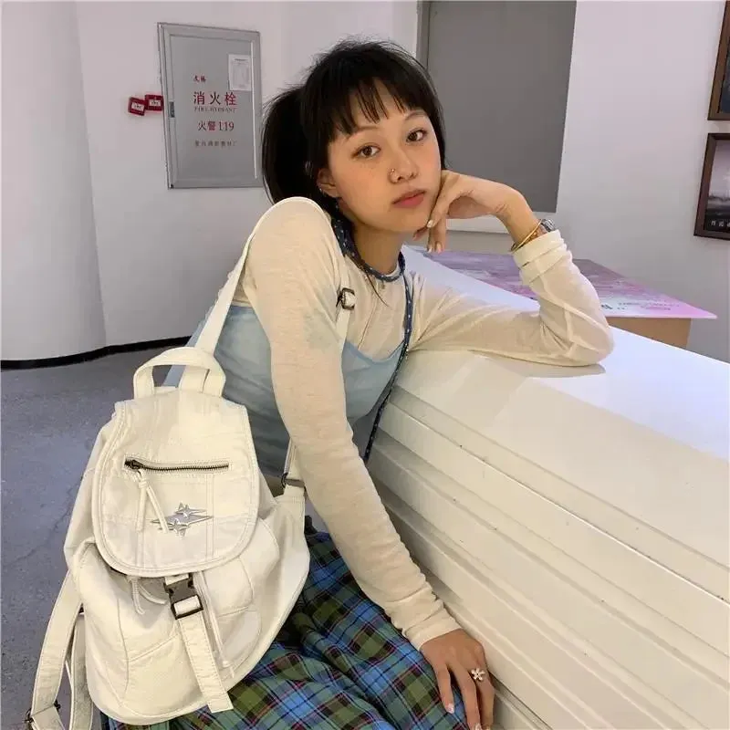 Sohiwoo White Y2k Womens Backpack Vintage Pu Leather Casual Large Capacity Aesthetic Backpacks Fashion Female Luxury Designer Bags