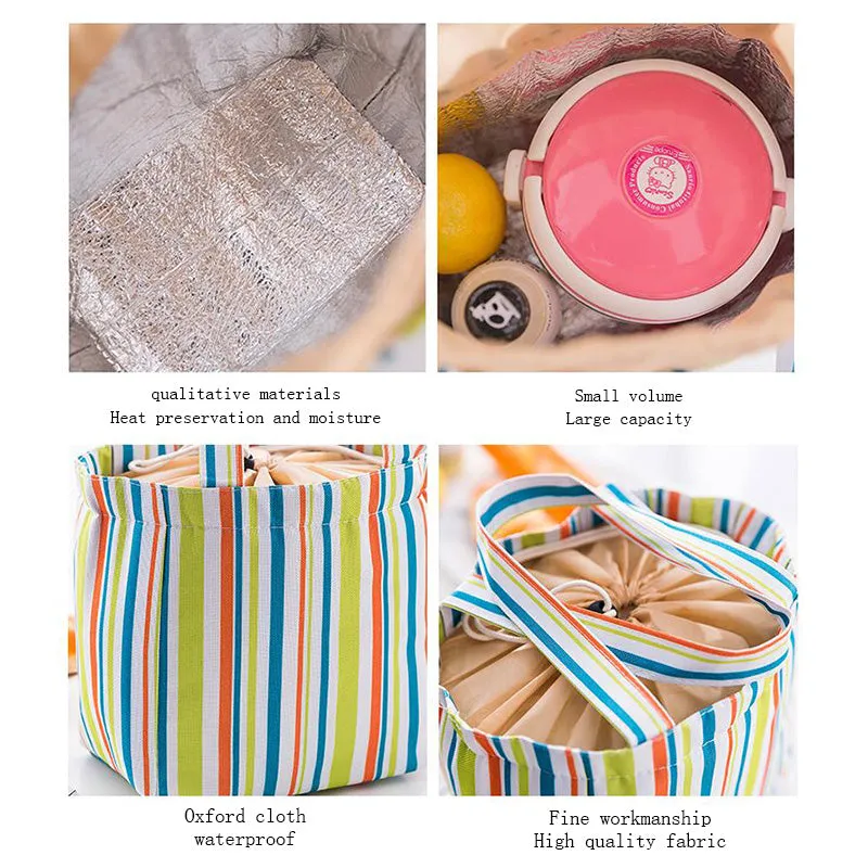 Stripe Pattern Lunch Bags Insulated Cold Canvas Drawstring Picnic Carry Case Thermal Lunch Bag