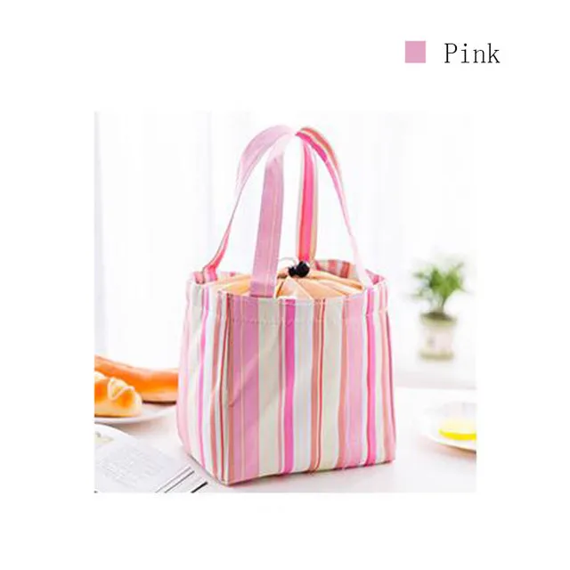Stripe Pattern Lunch Bags Insulated Cold Canvas Drawstring Picnic Carry Case Thermal Lunch Bag