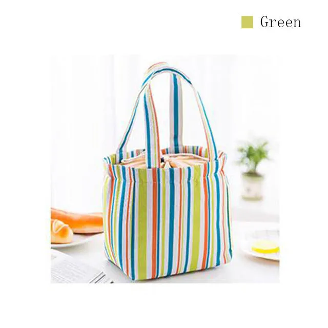 Stripe Pattern Lunch Bags Insulated Cold Canvas Drawstring Picnic Carry Case Thermal Lunch Bag