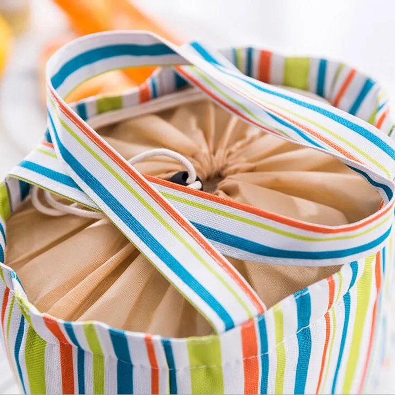 Stripe Pattern Lunch Bags Insulated Cold Canvas Drawstring Picnic Carry Case Thermal Lunch Bag