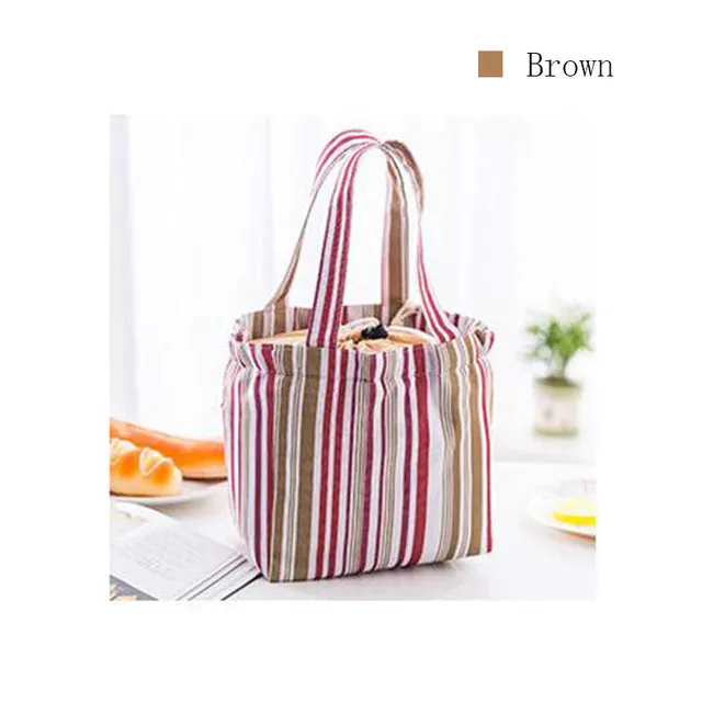 Stripe Pattern Lunch Bags Insulated Cold Canvas Drawstring Picnic Carry Case Thermal Lunch Bag