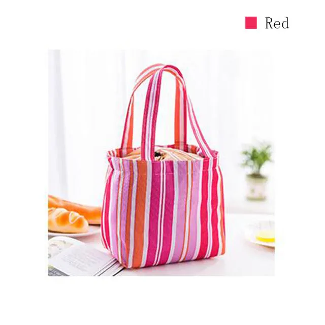 Stripe Pattern Lunch Bags Insulated Cold Canvas Drawstring Picnic Carry Case Thermal Lunch Bag