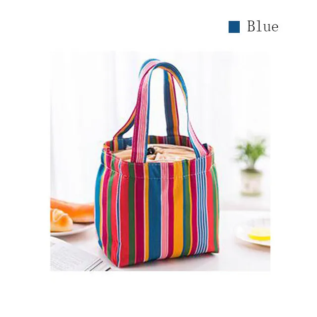 Stripe Pattern Lunch Bags Insulated Cold Canvas Drawstring Picnic Carry Case Thermal Lunch Bag