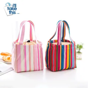 Stripe Pattern Lunch Bags Insulated Cold Canvas Drawstring Picnic Carry Case Thermal Lunch Bag