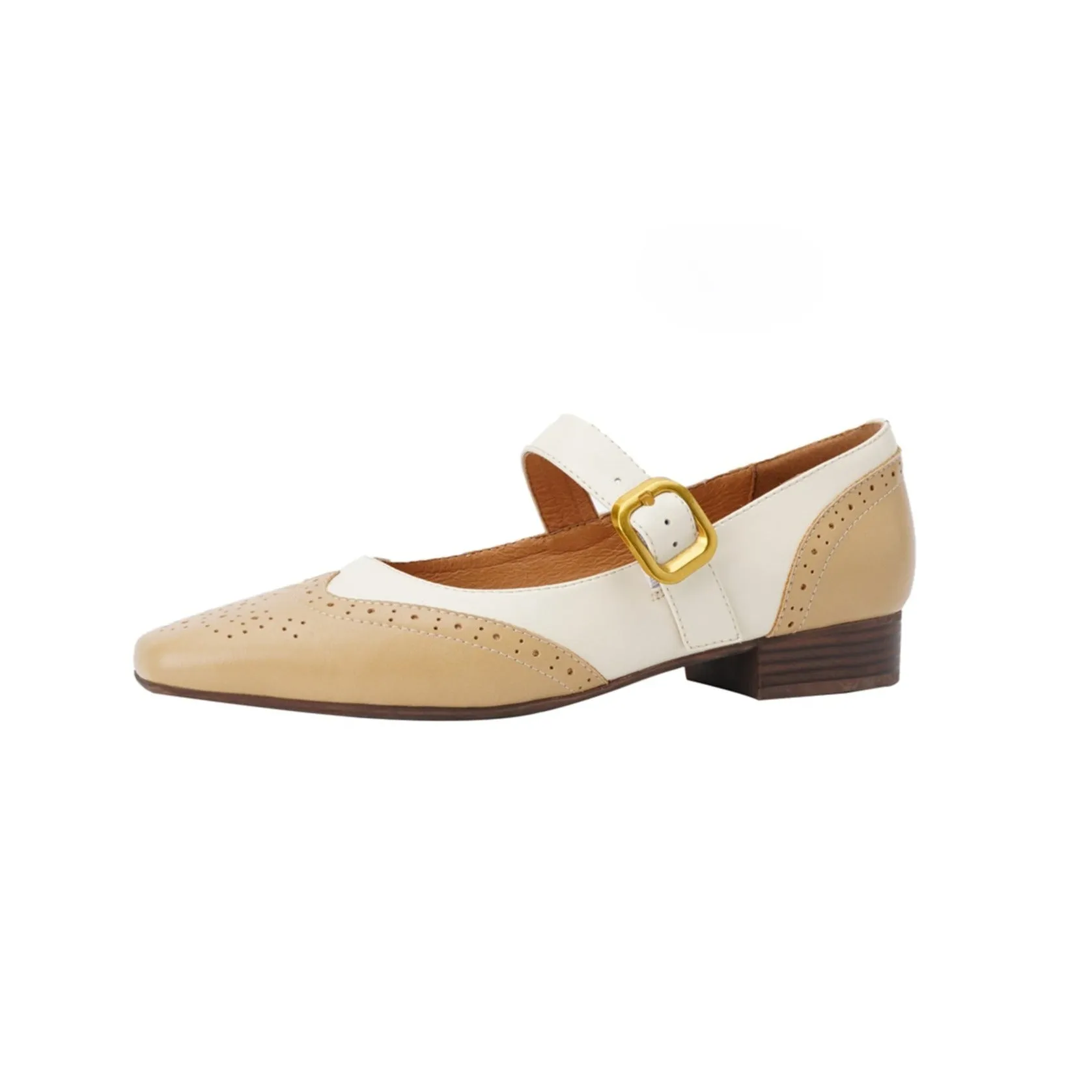 TinaCus Women's Genuine Leather Handmade Buckle Square Toe Chunky Heel Flats Mary Jane Shoes