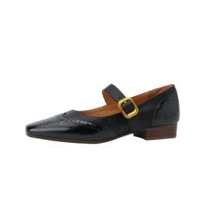 TinaCus Women's Genuine Leather Handmade Buckle Square Toe Chunky Heel Flats Mary Jane Shoes
