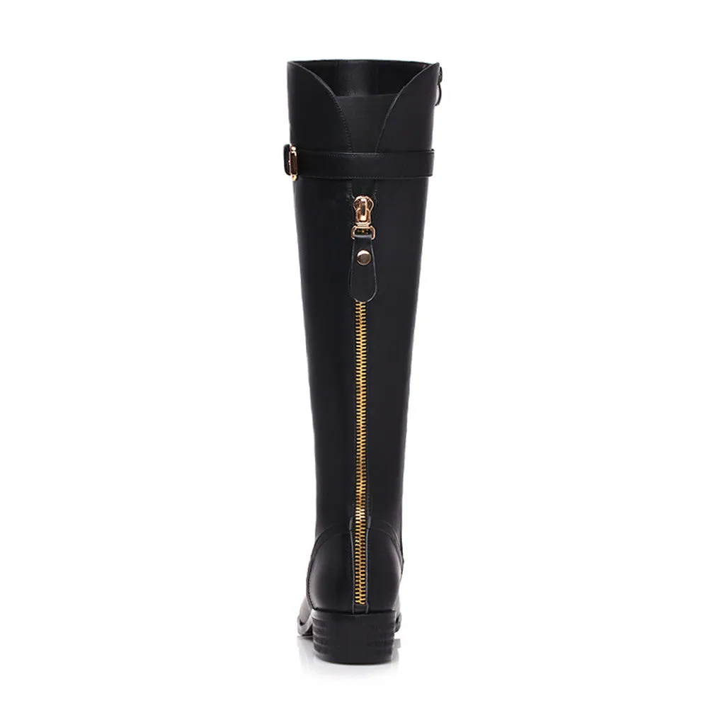 TinaCus Women's Genuine Leather Handmade Round Toe Back Zip Buckled Low Heel Plus-size Knee High Boots