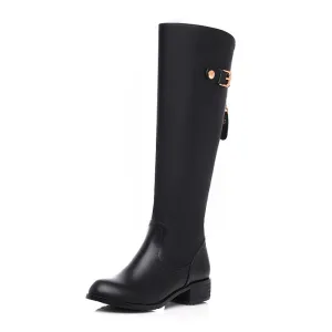 TinaCus Women's Genuine Leather Handmade Round Toe Back Zip Buckled Low Heel Plus-size Knee High Boots