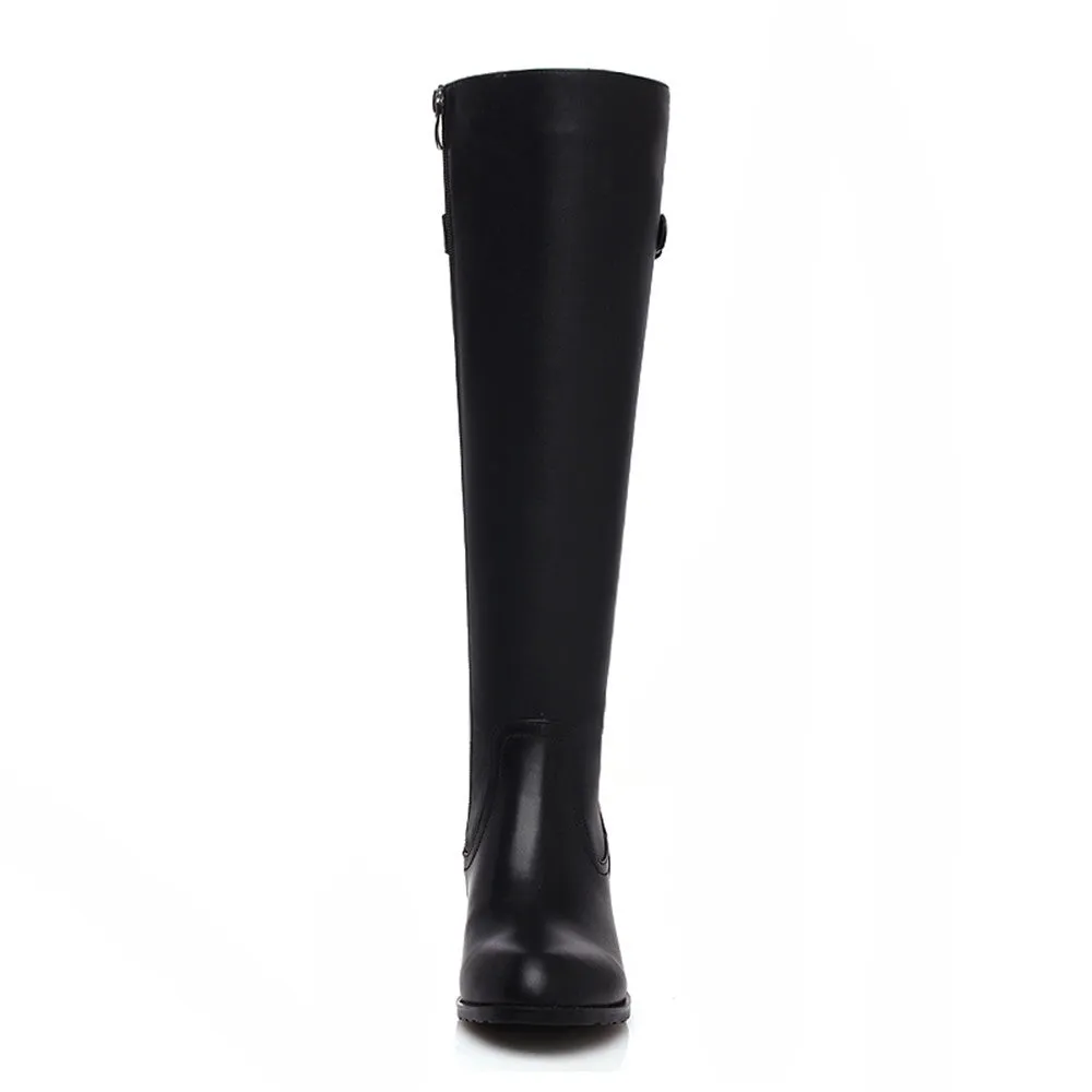 TinaCus Women's Genuine Leather Handmade Round Toe Back Zip Buckled Low Heel Plus-size Knee High Boots