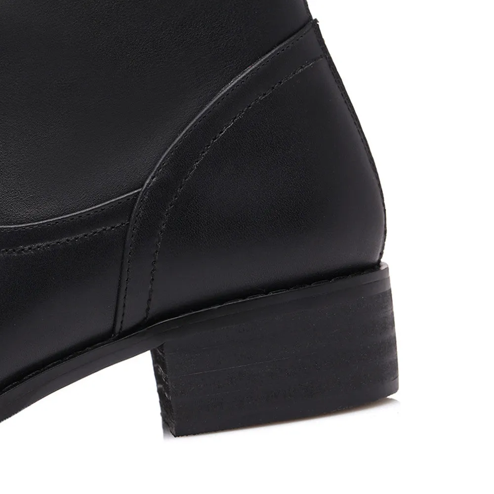 TinaCus Women's Genuine Leather Handmade Round Toe Back Zip Buckled Low Heel Plus-size Knee High Boots