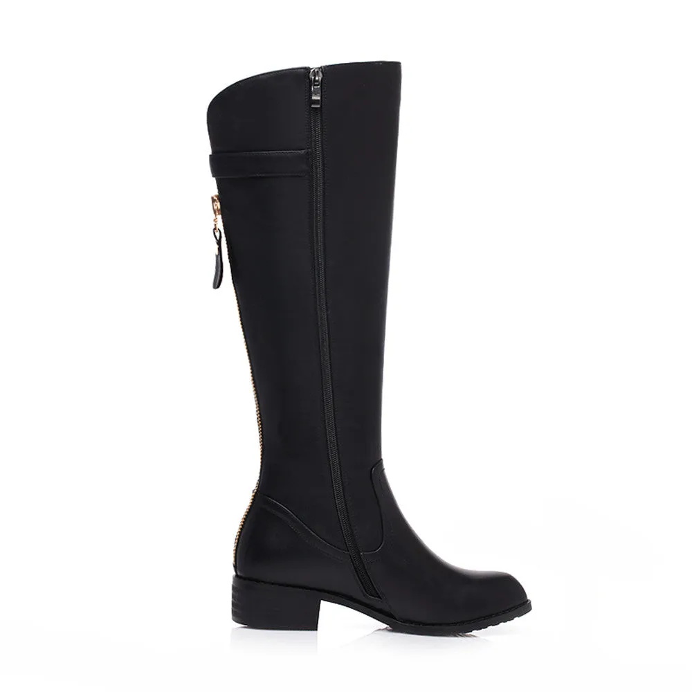 TinaCus Women's Genuine Leather Handmade Round Toe Back Zip Buckled Low Heel Plus-size Knee High Boots