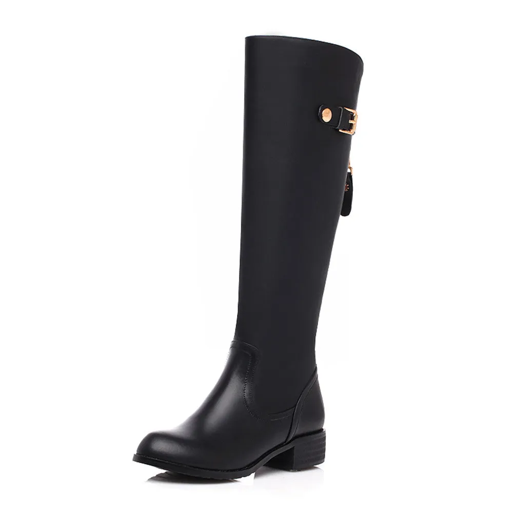TinaCus Women's Genuine Leather Handmade Round Toe Back Zip Buckled Low Heel Plus-size Knee High Boots