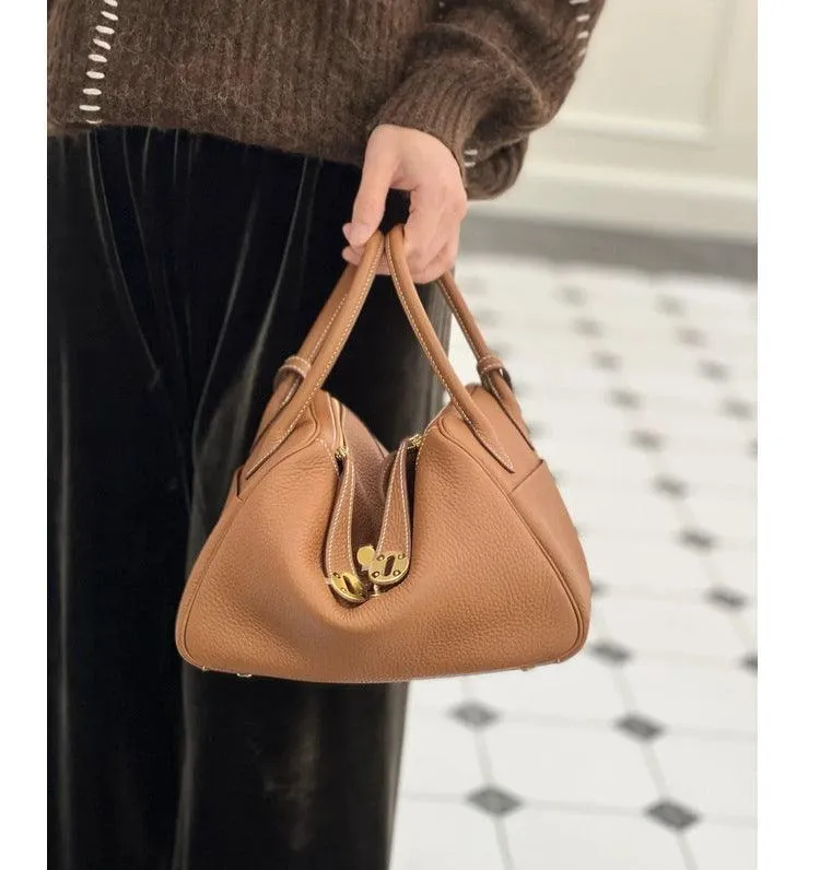 Togo Cowhide Leather Bag Women Shoulder Bag Gold Tone and Silver Tone, Leather Handbag, Top Handle Purse, Luxury Bag, Designer Bag, Fashion Lady Bag, Gift