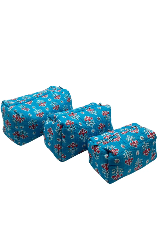 Turquoise Cotton Makeup Bag Set of 3
