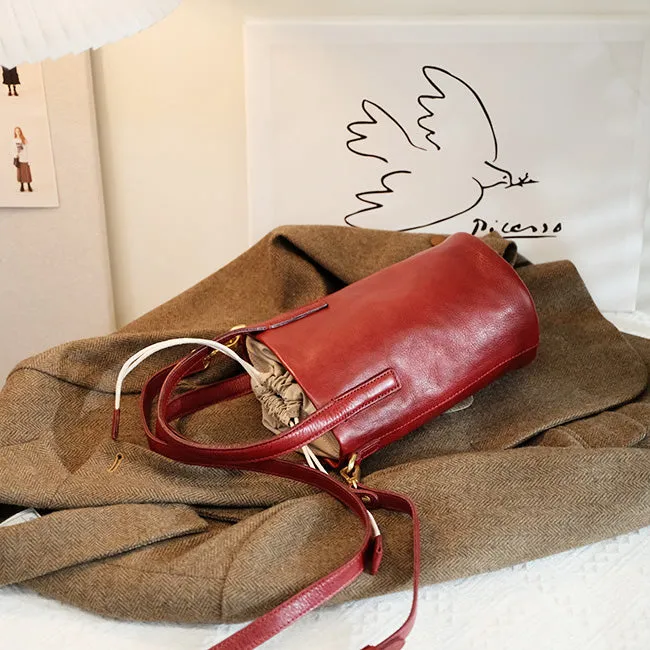 Vintage Women's Leather Drawstring Bucket Bag Leather Crossbody Purse