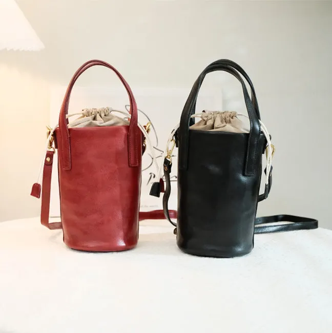 Vintage Women's Leather Drawstring Bucket Bag Leather Crossbody Purse
