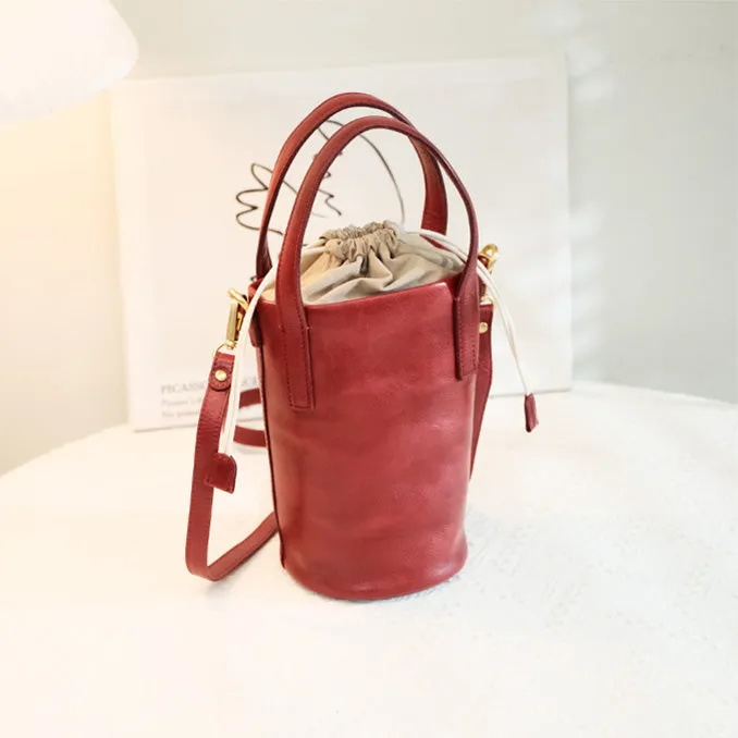 Vintage Women's Leather Drawstring Bucket Bag Leather Crossbody Purse