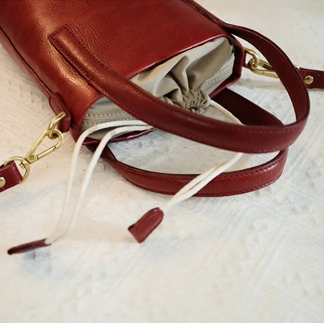 Vintage Women's Leather Drawstring Bucket Bag Leather Crossbody Purse