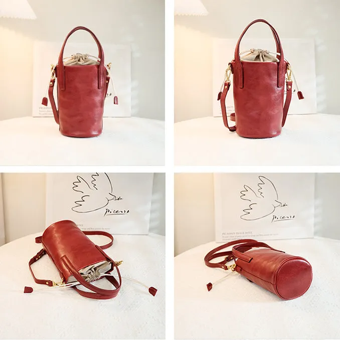 Vintage Women's Leather Drawstring Bucket Bag Leather Crossbody Purse