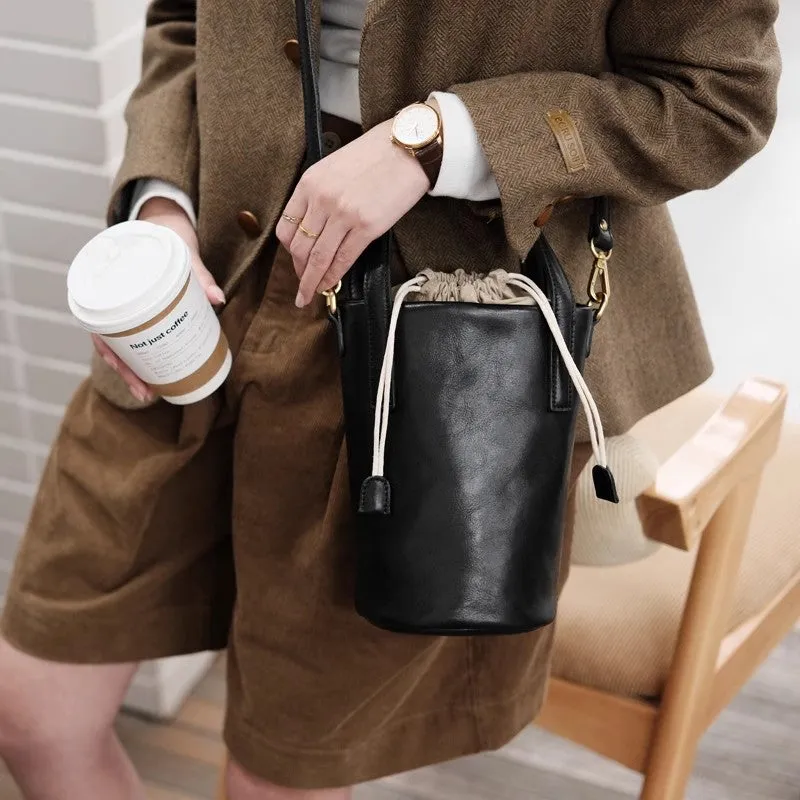 Vintage Women's Leather Drawstring Bucket Bag Leather Crossbody Purse