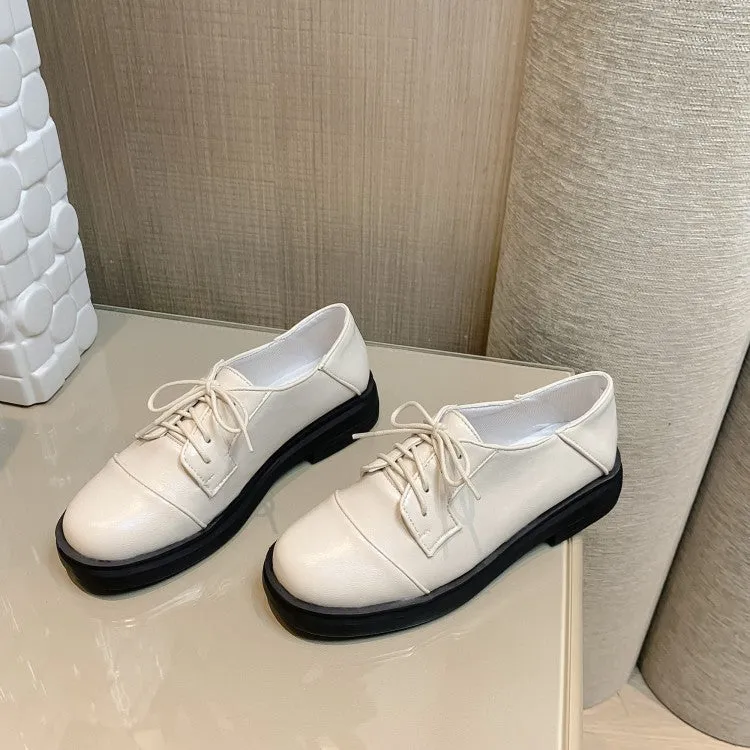 Women's Solid Color Round Toe Lace Up Slip on Flats Shoes