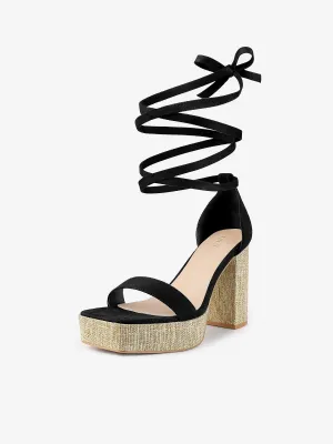 Women's Square Toe Lace Up Chunky High Heel Platform Sandals