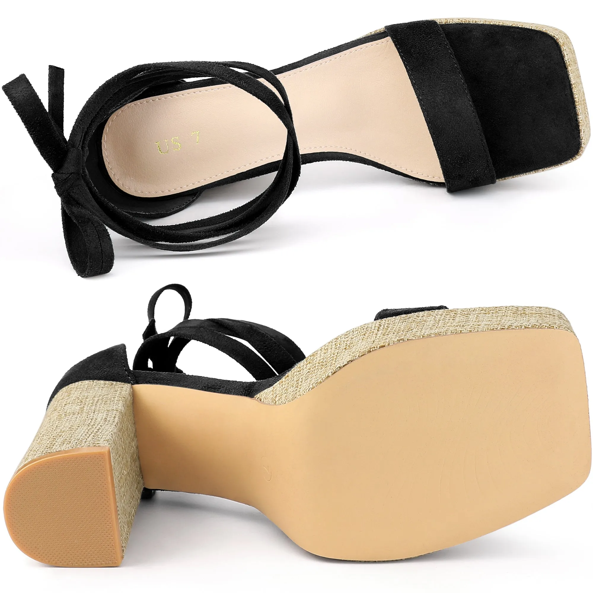 Women's Square Toe Lace Up Chunky High Heel Platform Sandals